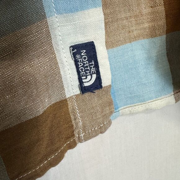 The North Face Mens‎ Large Blue Plaid Linen Cotton Short Sleeve Button Up Shirt - Picture 6 of 13